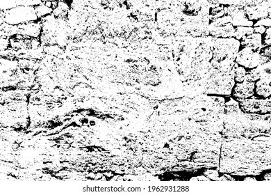Old grungy retro dirty dusty brick wall of ancient city. Uneven pitted peeled surface stonewall of cellar worn. Ruined shabby stiff blocks. Hard solid messy ragged holes brickwall for 3D grunge design