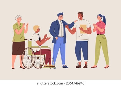 Cooperation or friendship of multiracial group of people of different ages, physical abilities. Concept of social equality, equal opportunities. Vector flat cartoon illustration. 
