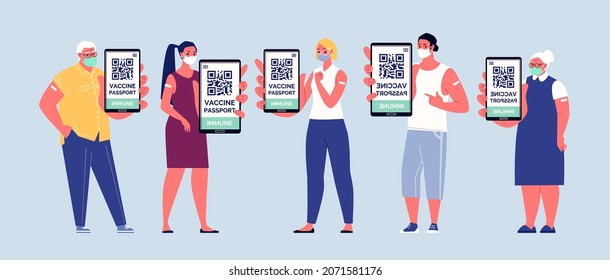 Vaccinated people with plaster on their shoulders hold phone with international COVID19 vaccination certificate on screen. Vector illustration flat cartoon style. 
