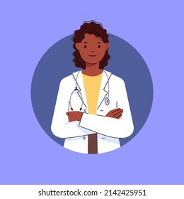 Doctor's avatar. Young black female physician in white coat with stethoscope in her hands crossed her arms over her chest. Illustration for medical site. Flat vector cartoon character. 