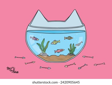 고양이 어항안에서 평화롭게 헤엄치는 물고기, 물고기에겐 위태롭지만 고양이에겐 기회다! 삶의 이야기를 재미있게 표현한 '모해' 작가의 작품이다.