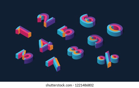 0, 1, 2, 3, 4, 5, 6, 7, 8, 9 alfabeto numérico 3D isométrico.  Porcentaje fuera, fondo de venta. Letra triángulo poligonal colorida. Eps10. Número aislado del vector.