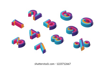 0, 1, 2, 3, 4, 5, 6, 7, 8, 9 alfabeto numérico 3D isométrico.  Porcentaje fuera, fondo de venta. Letra triángulo poligonal colorida. Eps10. Número aislado del vector.