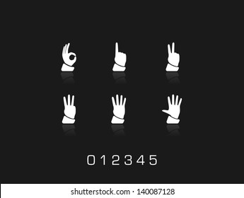 0 1 2 3 4 5 vector hands set on black background.