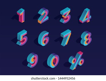 0, 1, 2, 3, 4, 5, 6, 7, 8, 9 alfabeto numérico 3D isométrico. Porcentaje fuera, fondo de venta. Letra triángulo poligonal colorida. Eps10. Número aislado del vector.