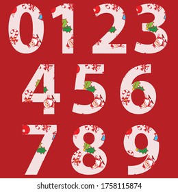 0 1 2 3 4 5 6 7 8 9 alphabets applied with Christmas items and Santa Claus pattern background vector