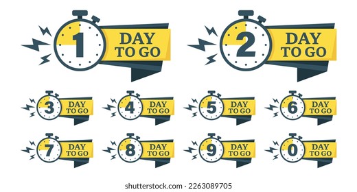 0, 1, 2, 3, 4, 5, 6, 7, 8, 9 days left icon in flat style. Offer countdown date number vector illustration on isolated background. Sale promotion timer sign business concept.