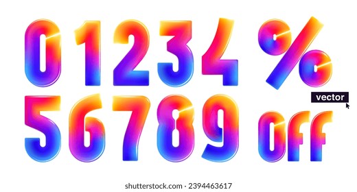 0, 1, 2, 3, 4, 5, 6, 7, 8, 9 numbers set. Realistic 3D design in cartoon vivid style. Vector illustration. Perfect icon for holiday sale banner, tech posters, multicolor emblems, vibrant futuristic ad