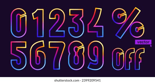 0, 1, 2, 3, 4, 5, 6, 7, 8, 9 numbers set in vivid neon line style. Rainbow gradient icon for Sale banner. Colorful vector emblem for Special Price design, Discount Offer labels, Coupon Template etc.