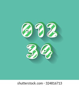 0 1 2 3 4 - Christmas Candy Alphabet - Colorful typography with green stripes texture and long shadow effect - Vector Illustration - Graphic resource