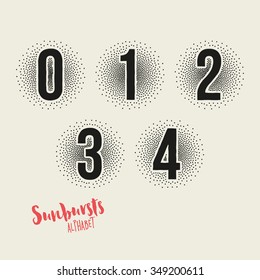 0 1 2 3 4 Sunbursts Effect Stipple Numbers - Bold Font with Sunburst Made from Little Dots - Halftone Vector Illustration