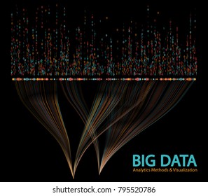 0 and 1 binary code, matrix data visualization with big number of curve lines and points structure for analysis. Big data methods and visualization concept vector design. 0 1 numbers on black.