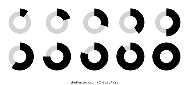 0 to 100 Infographic divided circles set in black and grey color horizontal thin and thick circles new style for business data and analysis use, 10, 20, 30, 40, 50, 60, 70, 80, 90, 100 percent.