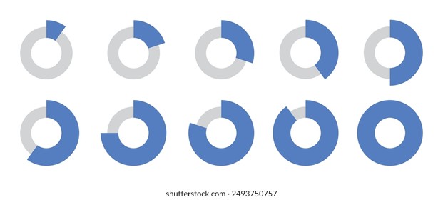 0 to 100 Infographic divided circles set in blue and grey color horizontal thin and thick circles new style. Circle loading or circle progress collection with 0 10 20 30 40 50 60 70 80 90 100 percent.