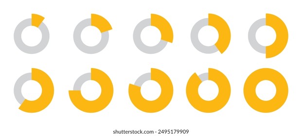 0 to 100 Infographic divided circles set in yellow and grey color horizontal thin and thick circles new style. Circle loading or progress collection with 0 10 20 30 40 50 60 70 80 90 100 percent.