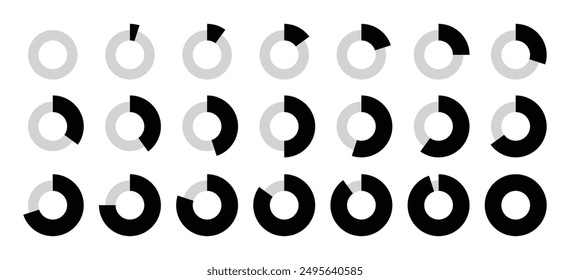 0 to 100 Infographic divided circles set in black and grey color in thin and thick circles new style with 5, 10, 15, 20, 50, 70, 90, 100 percent for business data and analysis presentation.