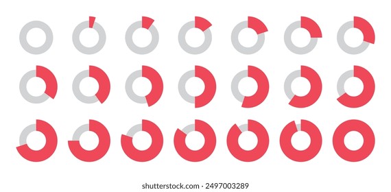 0 to 100 Infographic divided circles set in red and grey color in thin and thick circles new style with 5, 10, 15, 20, 50, 70, 90, 100 percent for business data and analysis presentation.