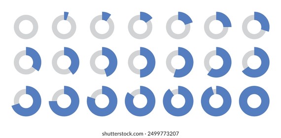0 to 100 Infographic divided circles set in blue and grey color in thin and thick circles new style with 5, 10, 15, 20, 50, 70, 90, 100 percent for business data and analysis presentation.