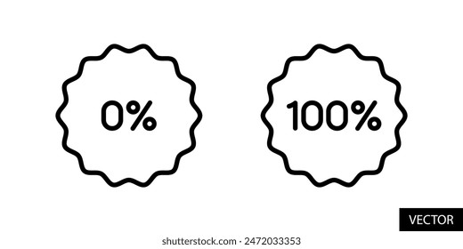 0% and 100% tag, zero percent and hundred percent badge, sticker, label icons in line style design for website, app, UI, isolated on white background. Editable stroke. EPS 10 vector illustration.