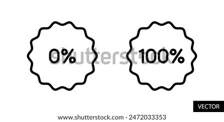 0% and 100% tag, zero percent and hundred percent badge, sticker, label icons in line style design for website, app, UI, isolated on white background. Editable stroke. EPS 10 vector illustration.