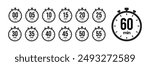 0, 5, 10, 15, 20, 25, 30, 35, 40, 45, 50, 55, 60 min Timer, clock, stopwatch yellow isolated set icons. Countdown timer symbol icon set. Label cooking time. Vector illustration