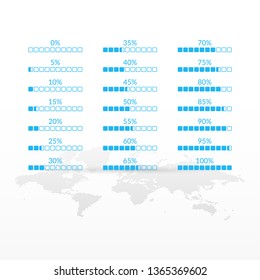 0 5 10 15 20 25 30 35 40 45 50 55 60 65 70 75 80 85 90 95 100 percent charts set for business, web, design, download, progress. Percentage vector infographic icons set with world map background