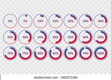 0 5 10 15 20 25 30 35 40 45 50 55 60 65 70 75 80 85 90 95 100 percent pie chart symbols on transparent background. Percentage vector, infographic circle icons for download svg