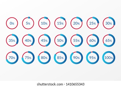 0 5 10 15 20 25 30 35 40 45 50 55 60 65 70 75 80 85 90 95 100 percent pie chart symbols. Percentage vector infographics. Isolated circle icons for business, download, web design