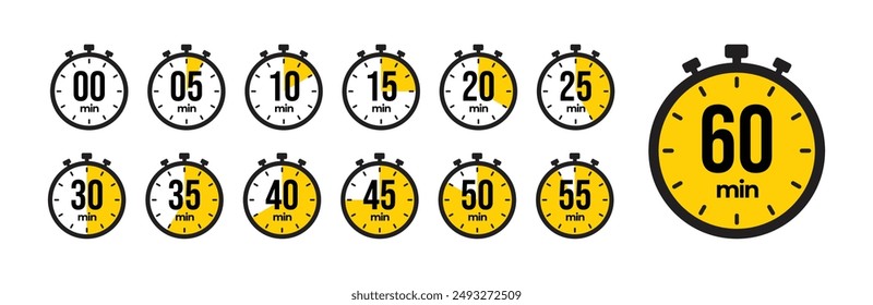 0, 5, 10, 15, 20, 25, 30, 35, 40, 45, 50, 55, 60 min Timer, clock, stopwatch yellow isolated set icons. Countdown timer symbol icon set. Label cooking time. Vector illustration