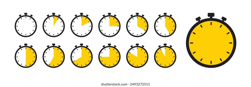 0, 5, 10, 15, 20, 25, 30, 35, 40, 45, 50, 55, 60 min Timer, clock, stopwatch yellow isolated set icons. Countdown timer symbol icon set. Label cooking time. Vector illustration