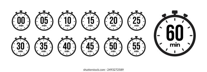 0, 5, 10, 15, 20, 25, 30, 35, 40, 45, 50, 55, 60 min Timer, clock, stopwatch yellow isolated set icons. Countdown timer symbol icon set. Label cooking time. Vector illustration