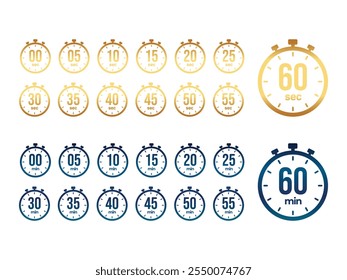 0, 5, 10,... a 60 segundos e min cronômetro relógio ícone relógio, dourado, azul e colorido conjunto ícones ilustração vetor. Símbolo de timer de contagem regressiva múltiplo de conjunto de ícones 5.