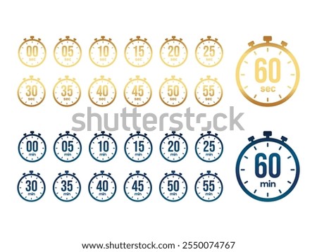 0, 5, 10,... to 60 sec and min Stopwatch Timer Clock icon, Golden, Blue and Colorful isolated set icons Vector illustration. Countdown timer symbol multiple of 5 icon set.