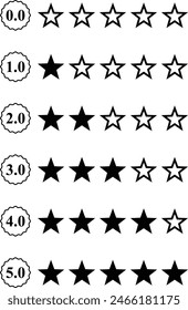 0 to 5 star rating, rate us, review vector icon set isolated on white background. icons for game, rating, ui, feedback, website.  Product rating or customer review with black full and half star 