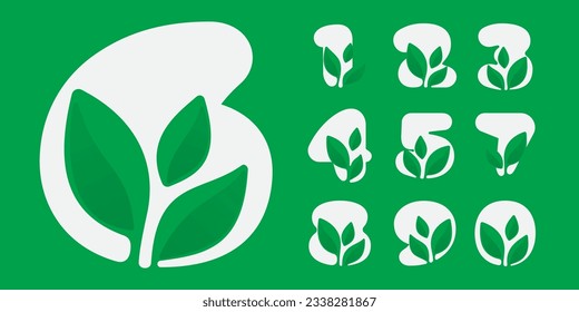 0 to 9 eco logo. Numbers set with green leaves. Negative space agriculture icon. Lush foliage emblem. Vector template for seeds growing company, summer posters, waste recycling identity, nature labels