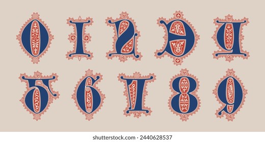 0 to 9 icons. Numbers set illuminated gothic monograms with naturalistic flowers ornament. Dark age german drop caps. Classic medieval red and blue Latin initials font based on XIV century manuscript.