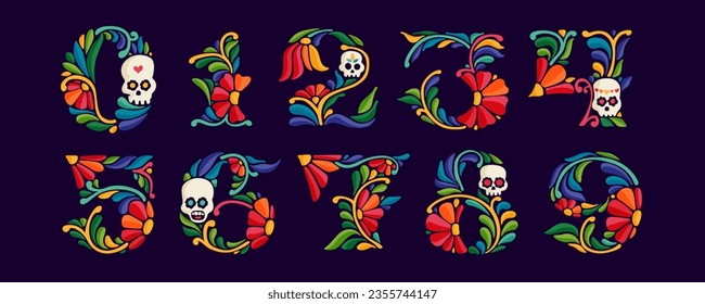 0 to 9 logo. Numbers set with Mexican colorful and ornate ethnic pattern. Traditional Aztec leaves and flowers embroidery ornament. Vector design for folk Spanish food, holidays, carnival, and party.