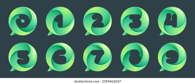 0 to 9 logo. Numbers set inside speech bubble with swirl pattern. Negative space style icon. Colorful gradient emblem for social media app, call center, online message, feedback icon, marketing screen