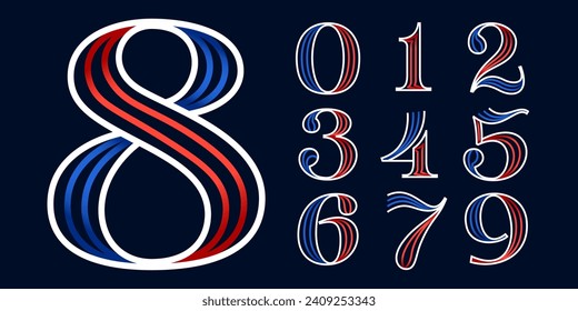 0 to 9 logo. Sport style numbers set. Blue and red lines font. Patriotic emblem for Independence Day. Serif type for college baseball team, basketball uniform, vintage style headlines, motor magazine.