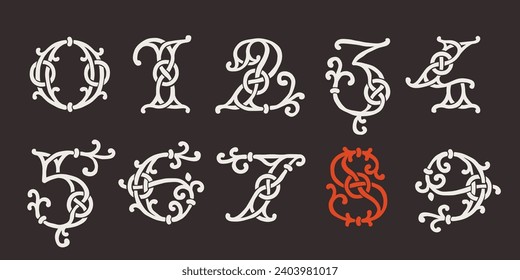 0 to 9 logos. Celtic numbers monograms set. Insular style initial with knots and interwoven cords. British, or Irish overlapping monogram. Medieval font for tattoo, St. Patrick day, and sportswear.