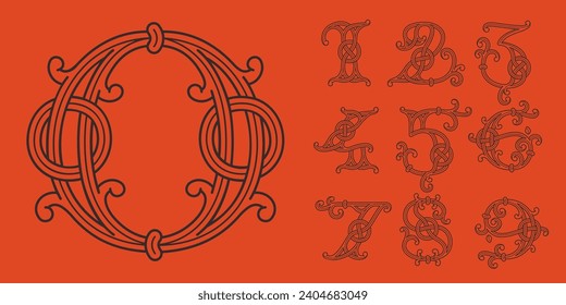 0 a 9 logotipos. Monogramas de números celtas. Estilo insular inicial con nudos y cordones entrelazados. Monograma de superposición británico o irlandés. Fuente medieval para tatuajes, Día de San Patricio y ropa deportiva.