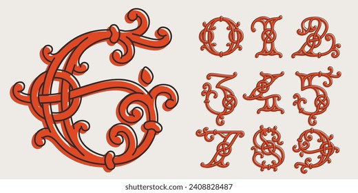 0 to 9 logos. Celtic numbers monograms set. Insular style initial with knots and interwoven cords. British, or Irish overlapping monogram. Medieval font for tattoo, St. Patrick day, and sportswear.