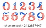 0 to 9 logos. Number set made of American flag. Serif font with Star and Stripes. Classic icon for US history and 4th of July celebration. Perfect for sport team uniform, Independence Day invitations.