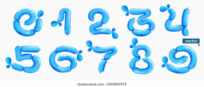 0 to 9 logos. Number set made of blue clear water and dew drops. Eco-friendly realistic 3D twisted balloons. Vector elements in plastic cartoon style. Perfect for pure nature banner, healthy filter.