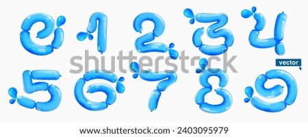 0 to 9 logos. Number set made of blue clear water and dew drops. Eco-friendly realistic 3D twisted balloons. Vector elements in plastic cartoon style. Perfect for pure nature banner, healthy filter.