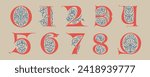 0 to 9 logos. Numbers set initials with trailing vines of thistle plant. Medieval blackletter drop caps based on Bohemian manuscript. Romanesque style dim colors illuminated emblems. Wax seal monogram