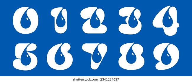 0 a 9 logotipos. Números fijados con gotas de rocío de agua azul. Iconos de espacio negativos. Emblemas de agua de primavera. Vector de la empresa de bebidas puras, afiches de natación, identidad de reciclaje de residuos, lucha contra la sequía y la sequía.