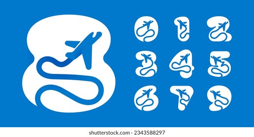 0 to 9 logos. Numbers set with airplane trails. Negative space style icons. Plane navigator pointer. Vector typeface for airline logo, travel app, journey posters, jet company, shipping advertising.