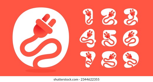 0 to 9 logos. Numbers set with electrical plug logo. Negative space technology icon. Power energy concept. Vector for electric vehicle identity, eco-friendly hybrid cars, charging point, accessories.