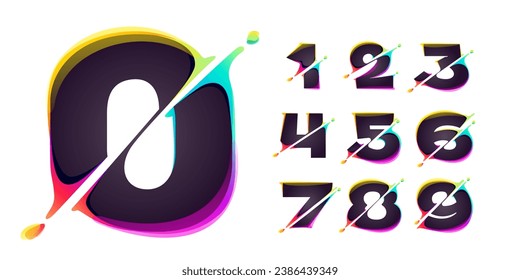 0 to 9 logos. Numbers set with cyber distortion, color shift effect. Multicolor gradient type. Neon glitch illusion icon. Colorful font for futuristic heading, video game screen, vibrant gambling art.